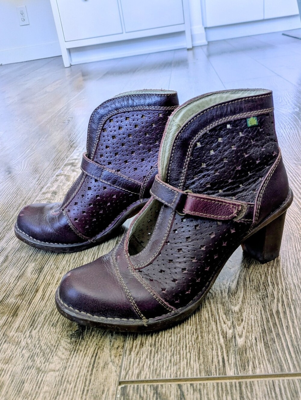 Burgundy Perforated Leather Mary Jane Heel - Ankle Boots Women
